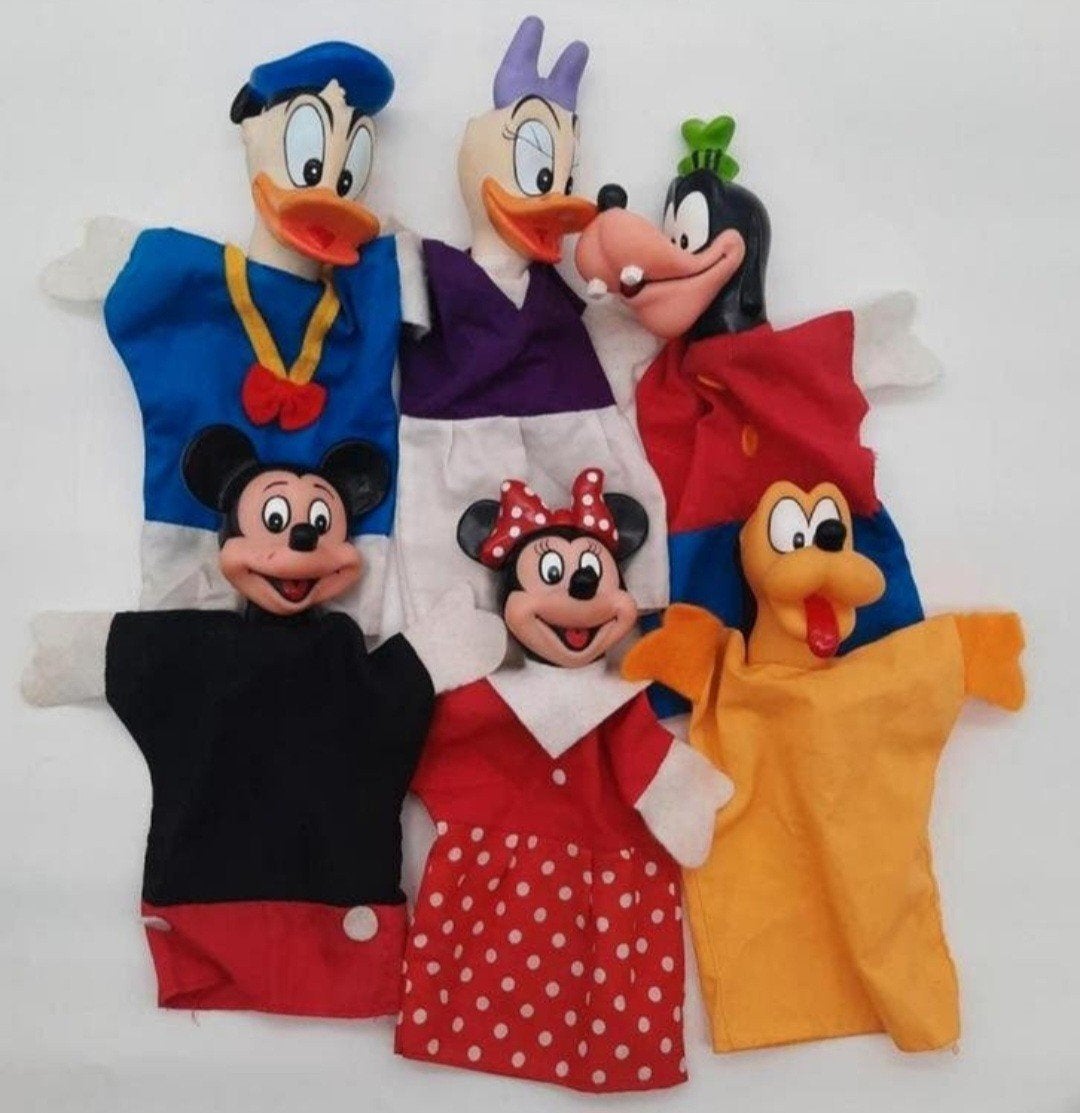 Handpoppen Donald, Mickey, Minnie, Katrien, Pluto en Goofy, Ophalen of Verzenden, Overige figuren, Gebruikt, Beeldje of Figuurtje