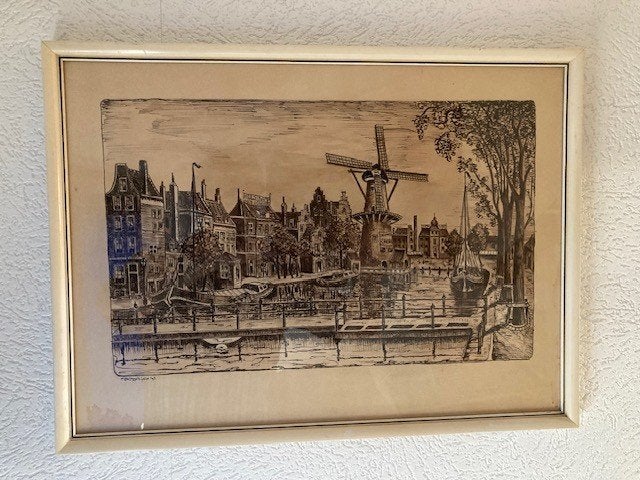 schilderij Rotterdam uit 1971, Aquarel, Passe-partout, Papier/karton, Ophalen of Verzenden