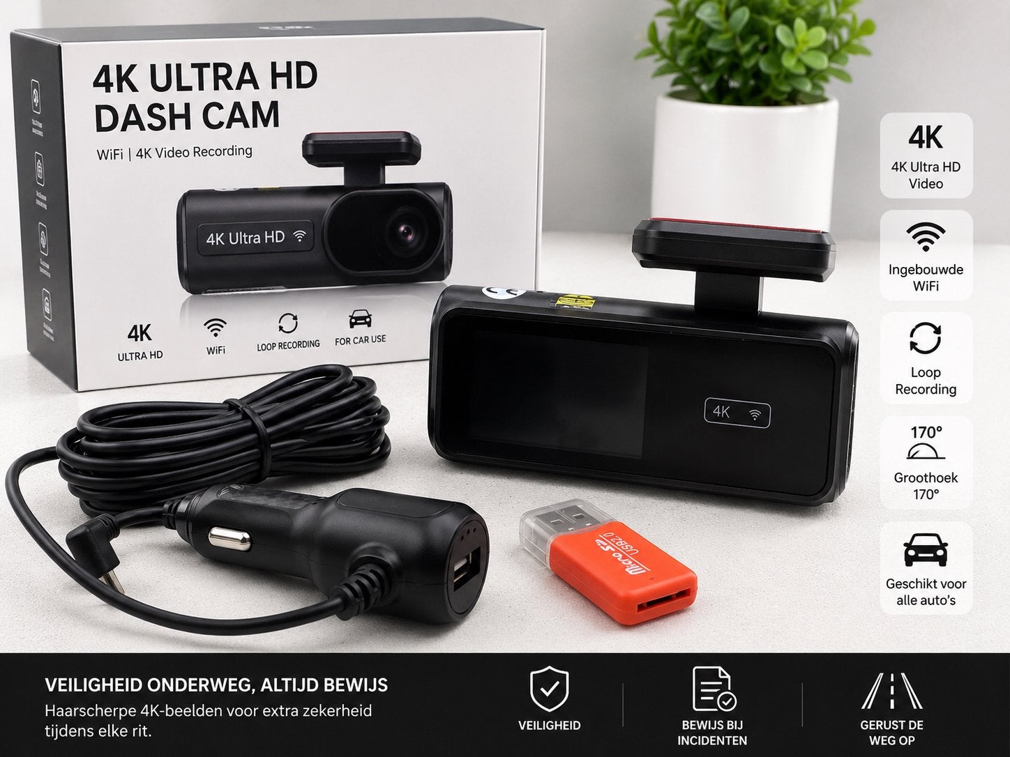 Ultra 4K HD Dashcam met 32GB microSD-kaart en WiFi, Ophalen of Verzenden, Nieuw