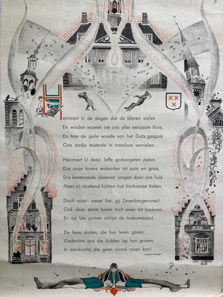 Gedenkplaat Zevenbergen, 1945, Jan Strube, 40,5 x 29,5 cm., Antiek en Kunst, Ophalen of Verzenden