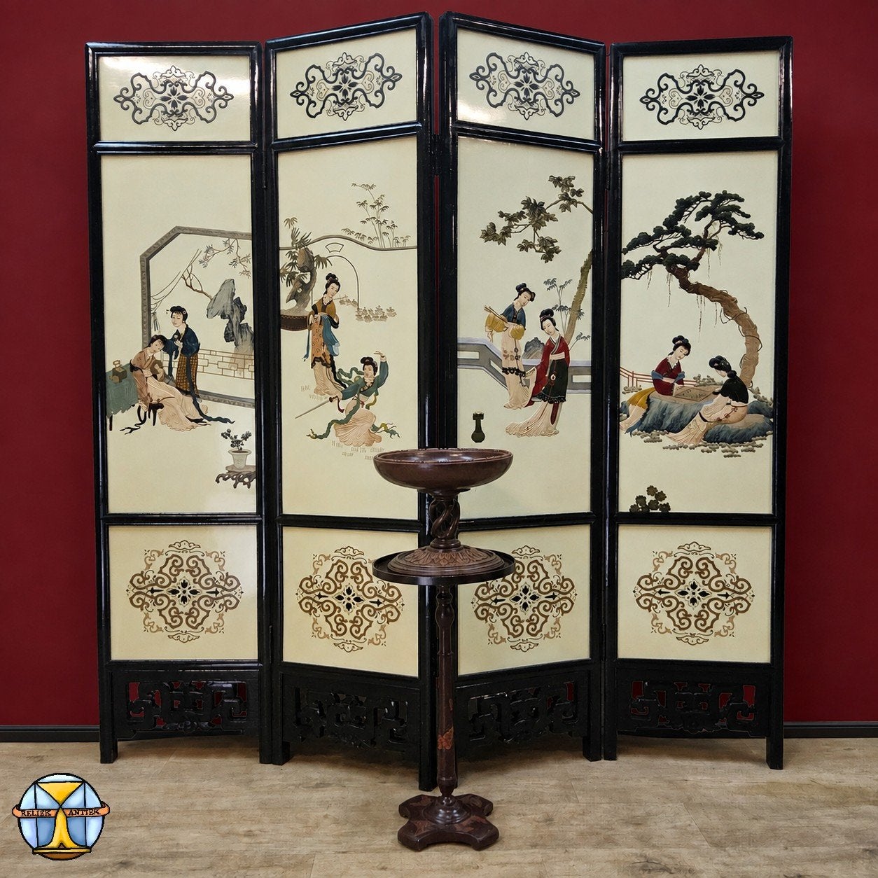 Vintage Chinees dubbelzijdig kamerscherm dames in landschap, Gebruikt, ., Ophalen of Verzenden, .