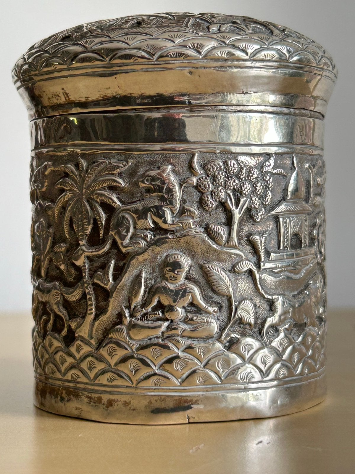 Antiek Indiase Zilver Theebus Kruidenpot Repoussé & Vermeil, Antiek en Kunst, Ophalen of Verzenden, Zilver