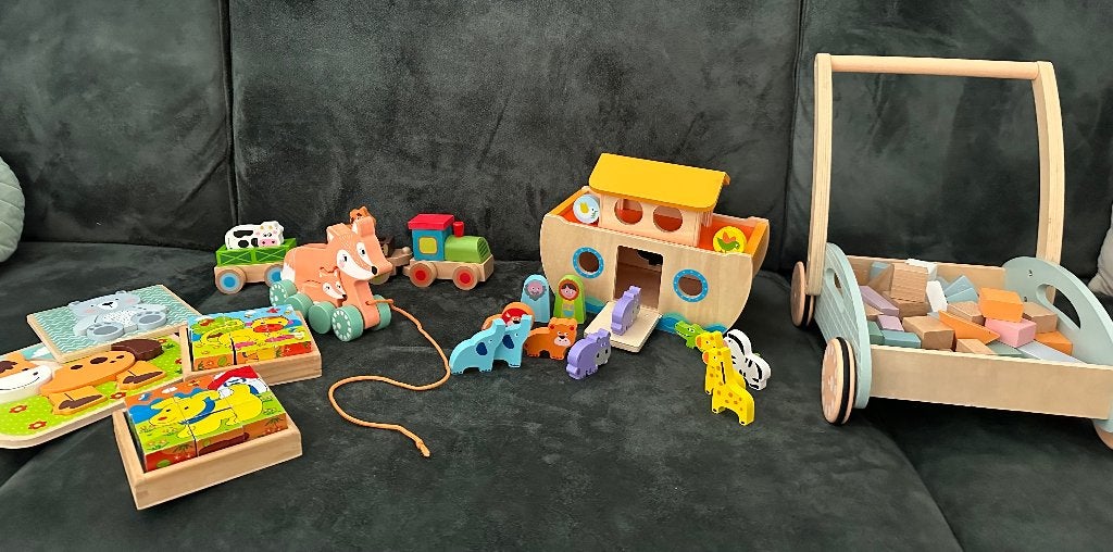 Pakket Houten dieren speelgoed! Trein, duwkar,  blokken, Verzenden, Zo goed als nieuw