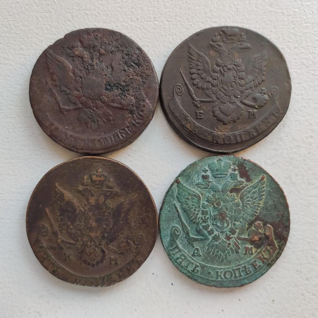 Rusland 4 verschillende 5 kopeks 1760-1780EM-1782KM-1790AM, Ophalen of Verzenden, Overige landen