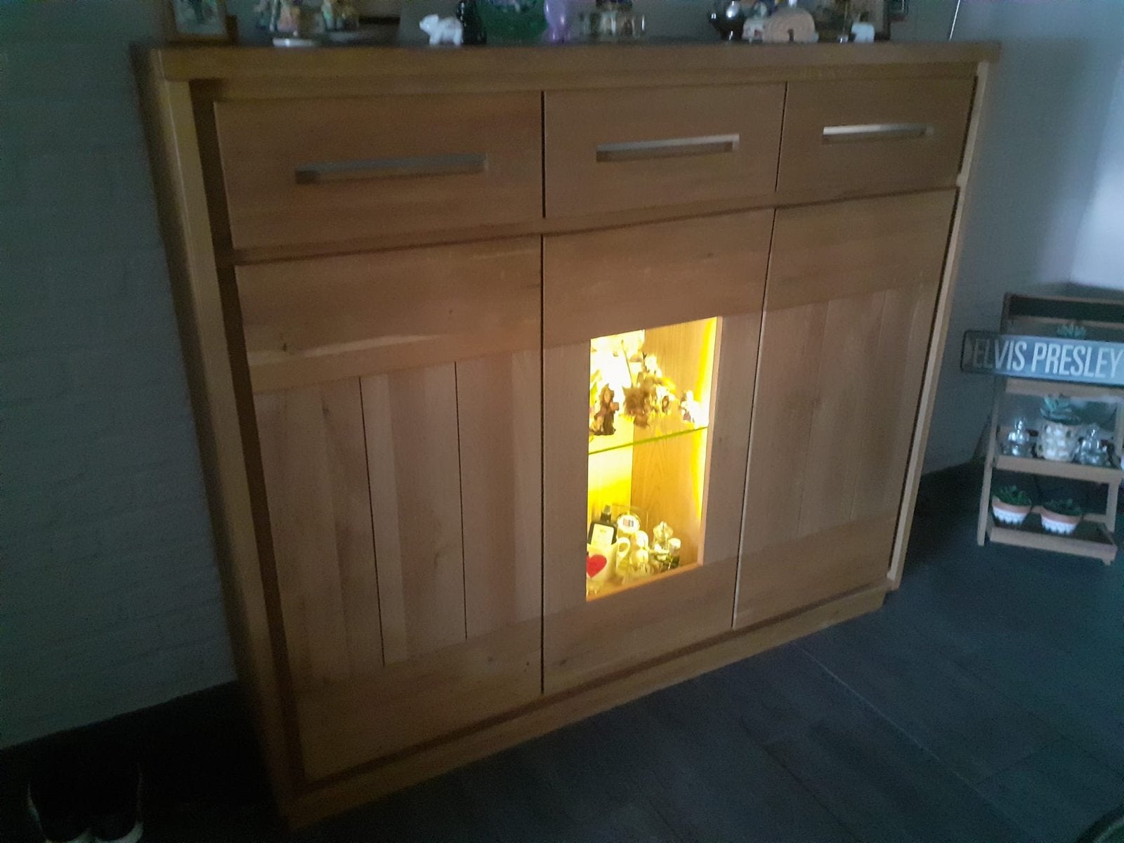 Eikenhouten dressoir met lades en vitrine, Ophalen, Gebruikt, 150 tot 200 cm, Eikenhout