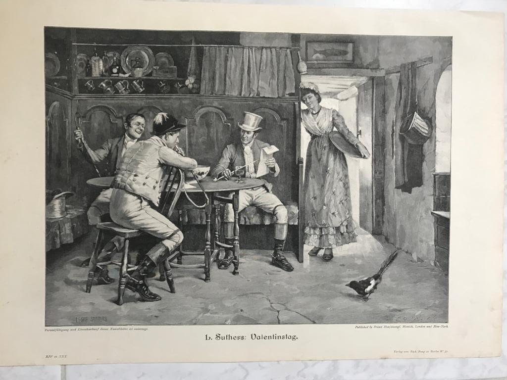 L. Suthers: Valentinsdag, or. gravure 1896, beeld 32x23cm., Origineel, Dagelijks leven, 1800 - 1899, Ophalen of Verzenden