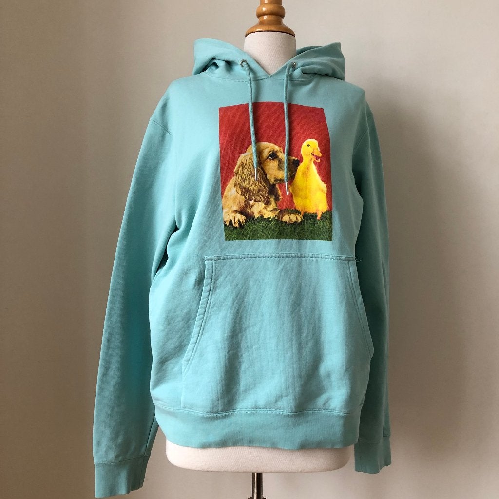 Turquoise hoodie met print van hond en eendje, Maat 38/40 (M), Blauw, Sandro, Ophalen of Verzenden