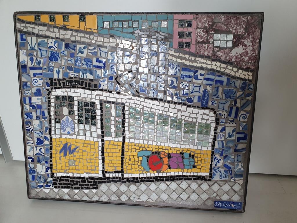 Mozaïek Wanddecoratie Lissabon Tram - Handgemaakt, Ophalen, Glas, Handgemaakt, 50 - 100 cm