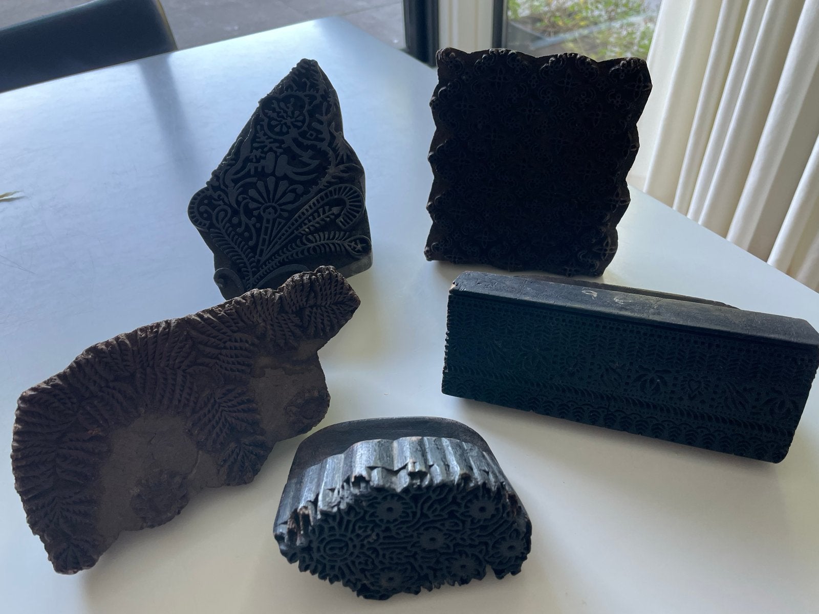Set van 5 Houten Stempels voor Textiel en Papier, Gebruikt, Handgemaakt, Bruin, Knutselmateriaal