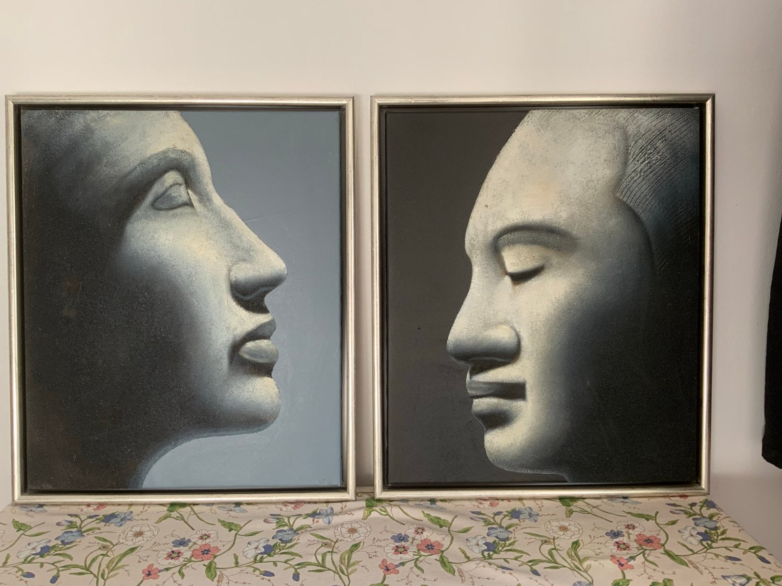 Twee Oosterse Koppen - Zand en Verf op Doek, Ophalen, Figuren, Met textuur, Gemengde techniek