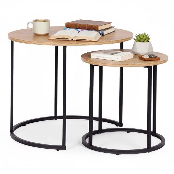 Set van 2 ronde salontafels - Licht eiken & zwart, 50 – 75, Rond, Nieuw, Overige houtsoorten