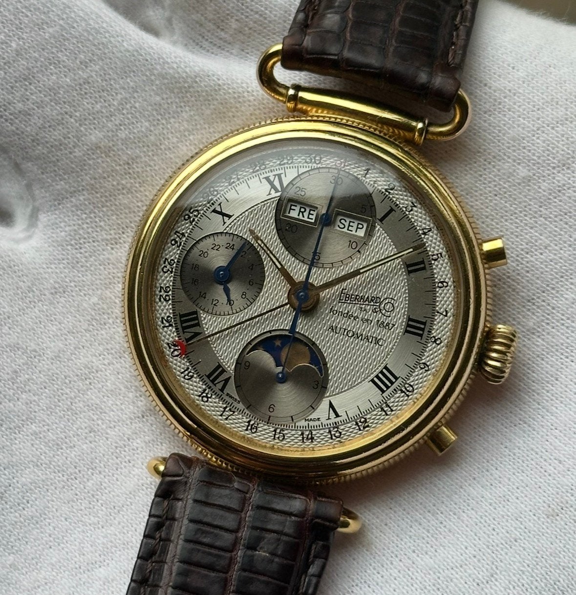 Eberhard & Co. Triple calendar chronograaf, Overige merken, Staal, Polshorloge, Verguld