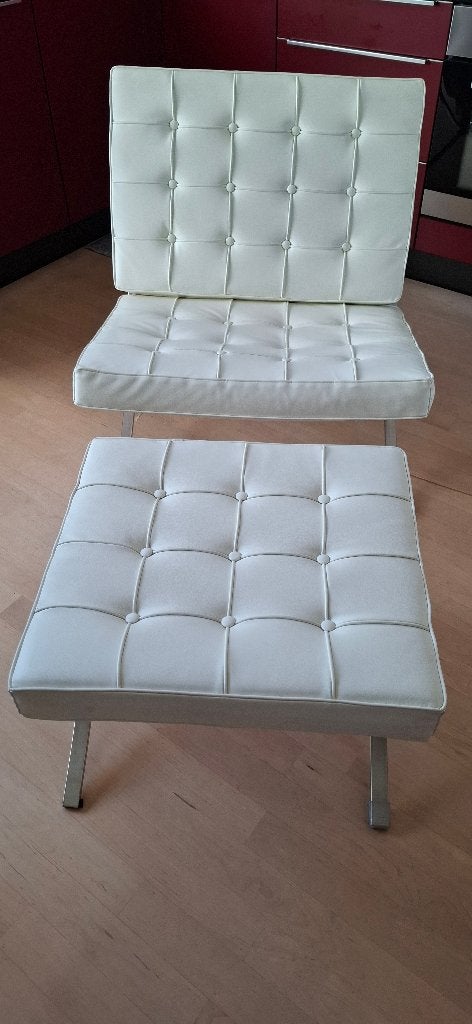 Barcelona stoel (wit)  fauteuil met voetenbank, 75 tot 100 cm, Zo goed als nieuw, Metaal, 50 tot 75 cm