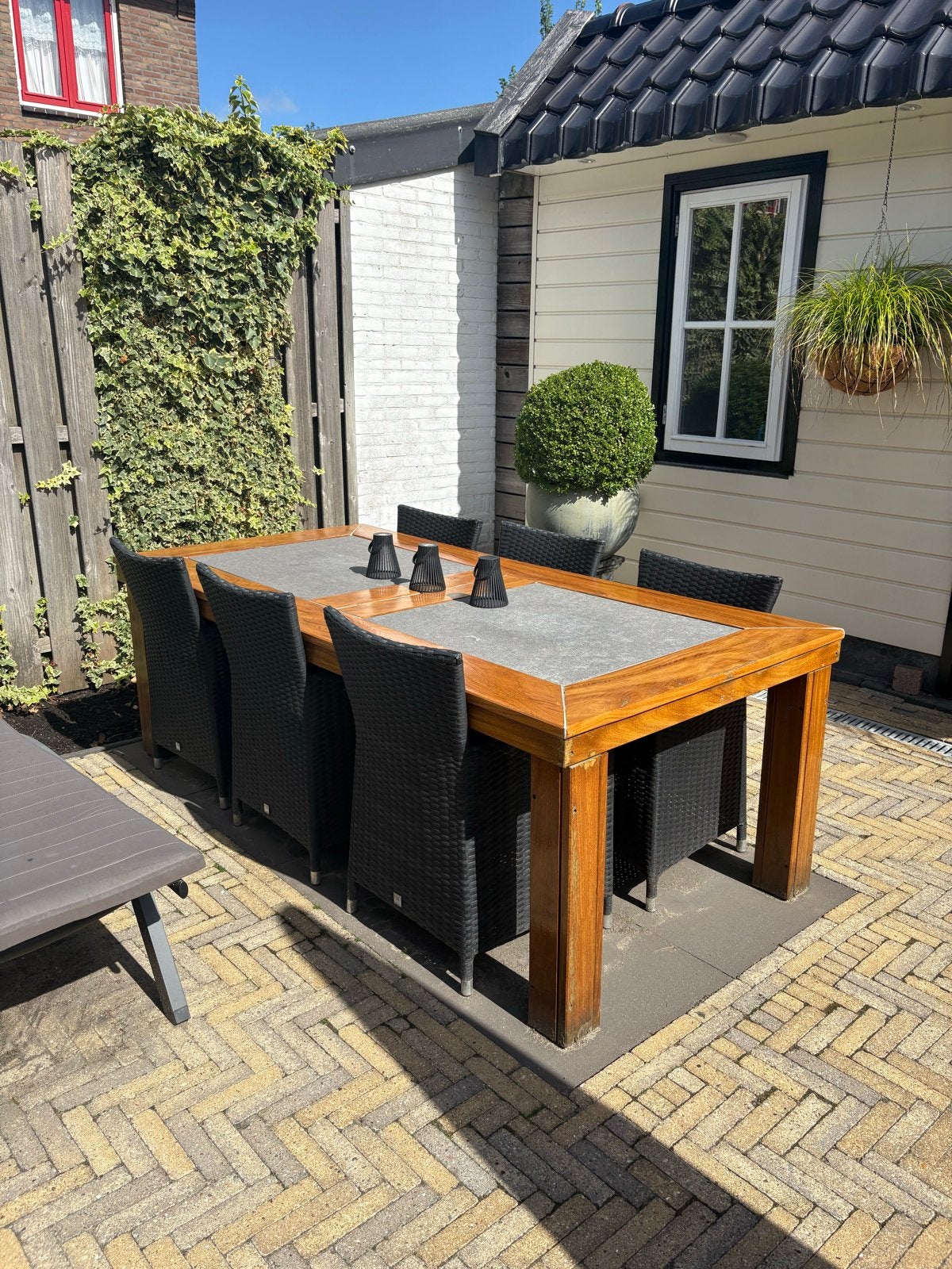 Tuintafel hardhout met 6 tuinstoelen, Ophalen, Gebruikt, Rechthoekig, Hout
