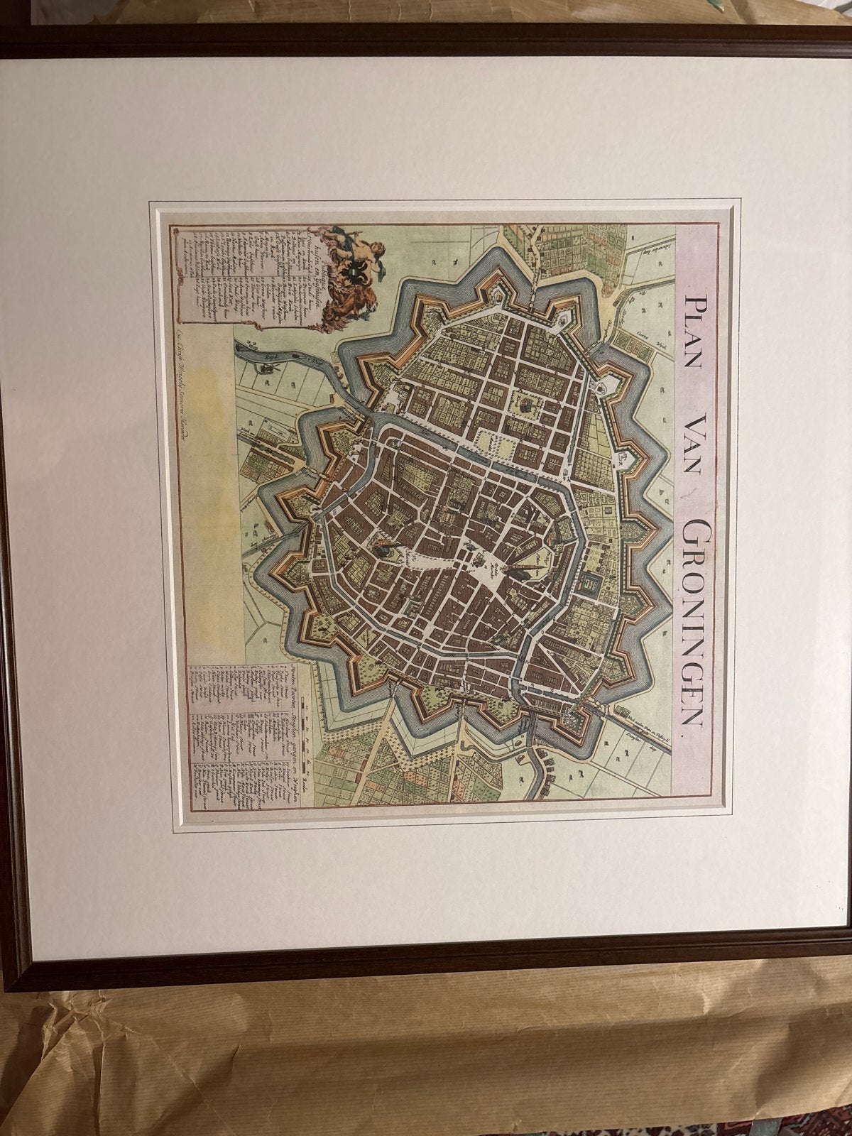 Ingelijste historische kaart van Groningen, Ophalen, Kaart, Print/reproductie, Achter glas