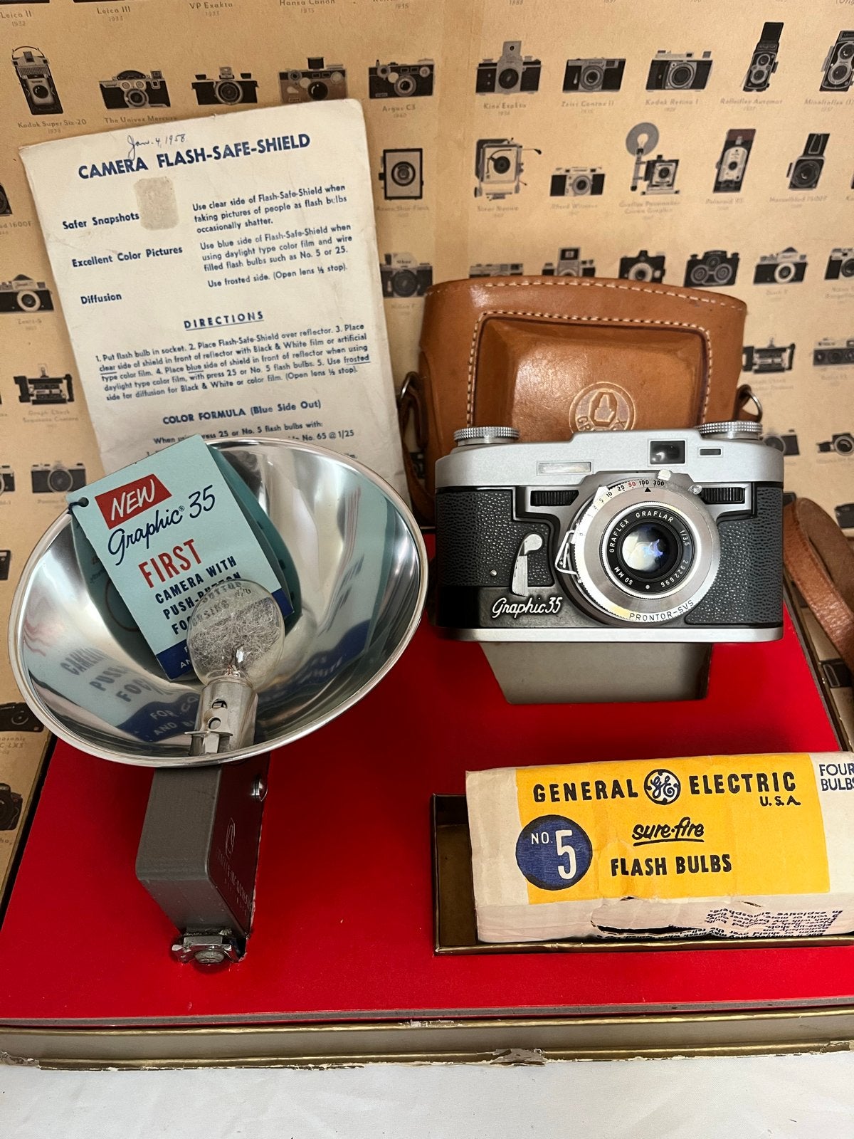 Vintage Graflex Graphic 35 Camera met Flash en Accessoires, Ophalen of Verzenden, 1940 tot 1960, Fototoestel