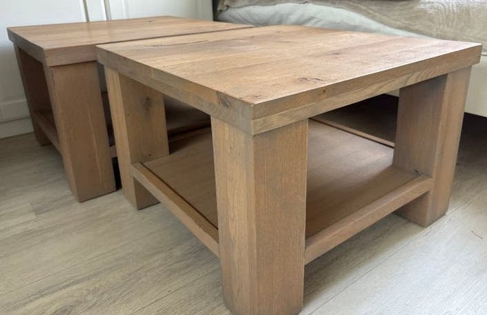 Set van 2 massief eikenhouten bijzettafeltjes, Ophalen, Minder dan 45 cm, Minder dan 55 cm, Gebruikt