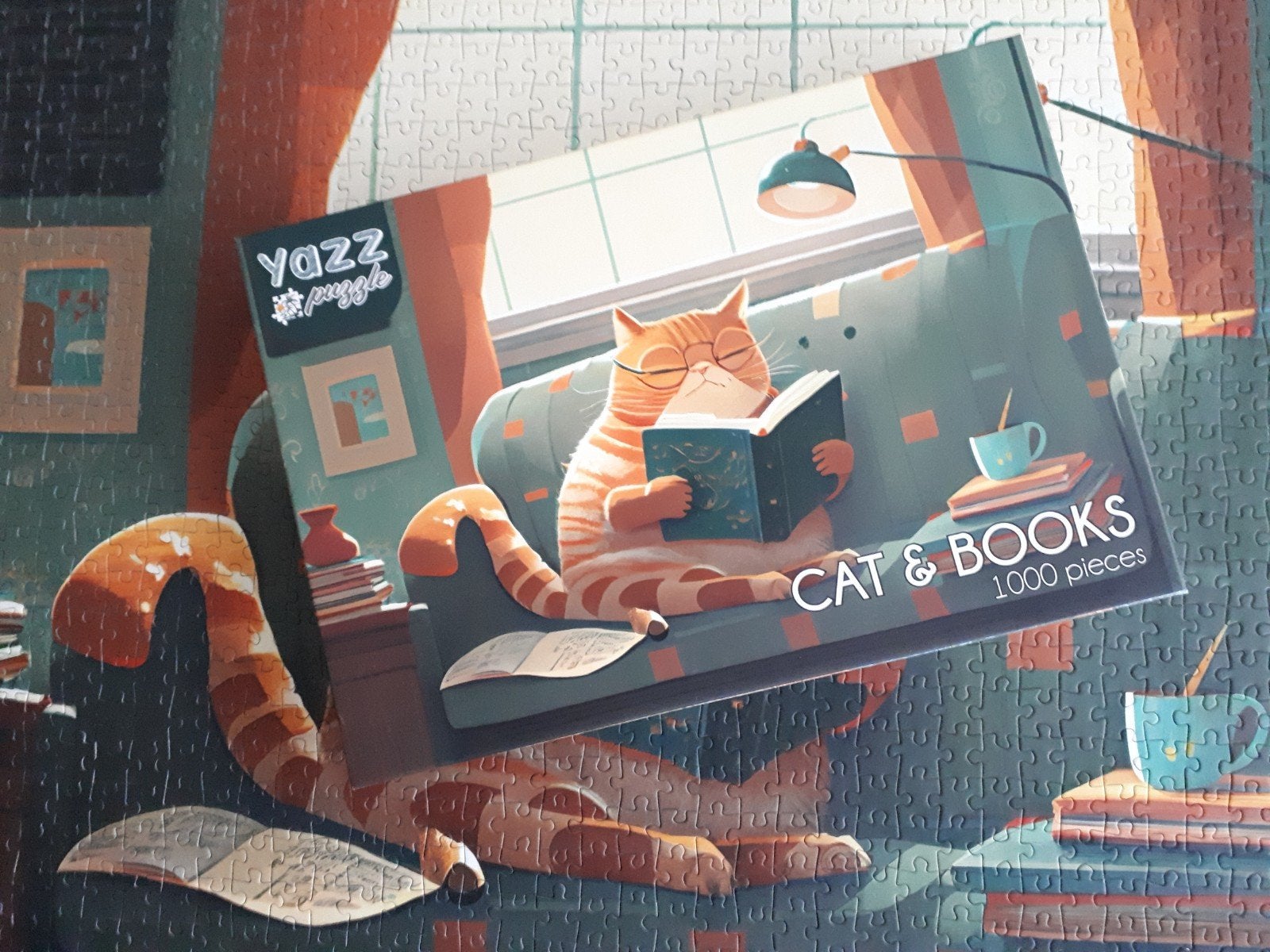 YAZZ 🐹 puzzel CAT & BOOKS zgan 1000 stukjes, Ophalen of Verzenden, 500 t/m 1500 stukjes, Zo goed als nieuw, Legpuzzel