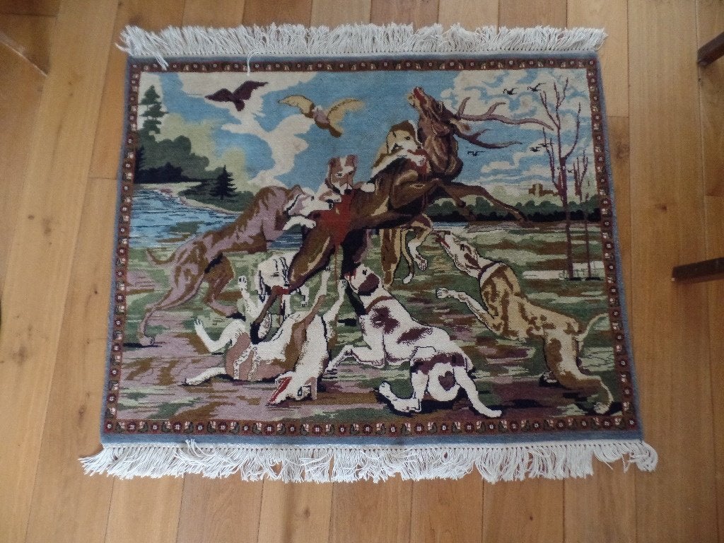 tapijt jacht hert jachthond carpet iran perzie wol kashian, Ophalen of Verzenden