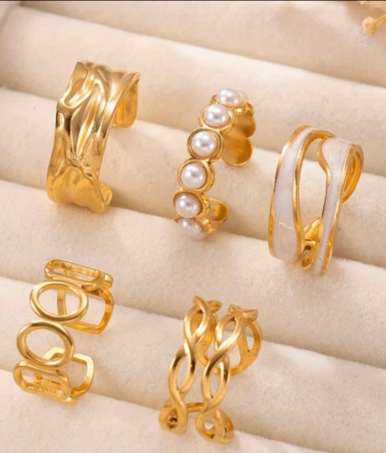Verstelbare RVS Ringen Set - Goudkleurig met Parel en Wit, Sieraden, Tassen en Uiterlijk, IJzer of Staal, Nieuw, Ophalen of Verzenden