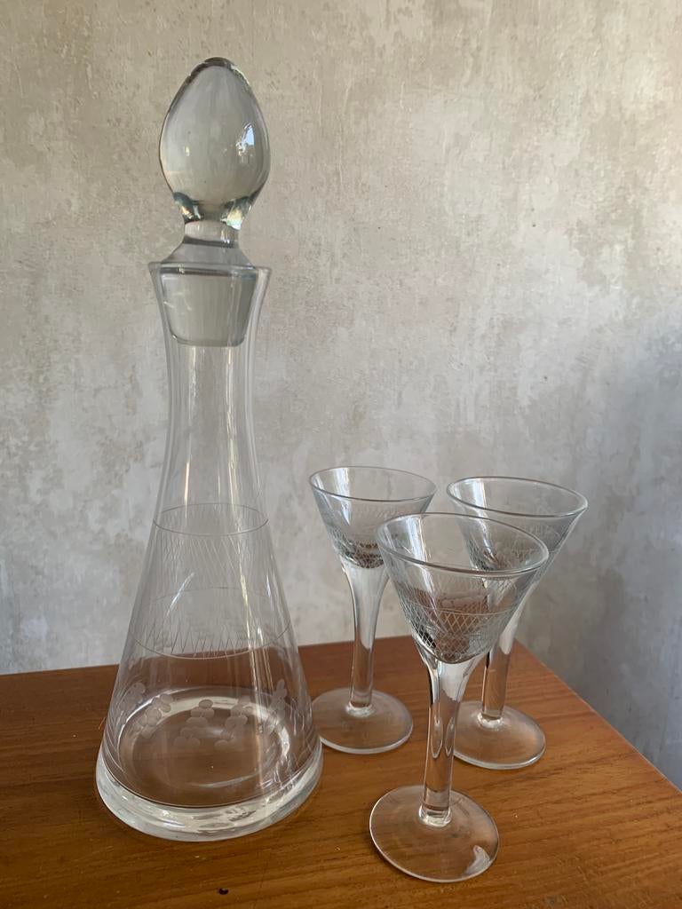 Oude karaaf met 3 glaasjes, Antiek en Kunst, Antiek | Glas en Kristal, Ophalen