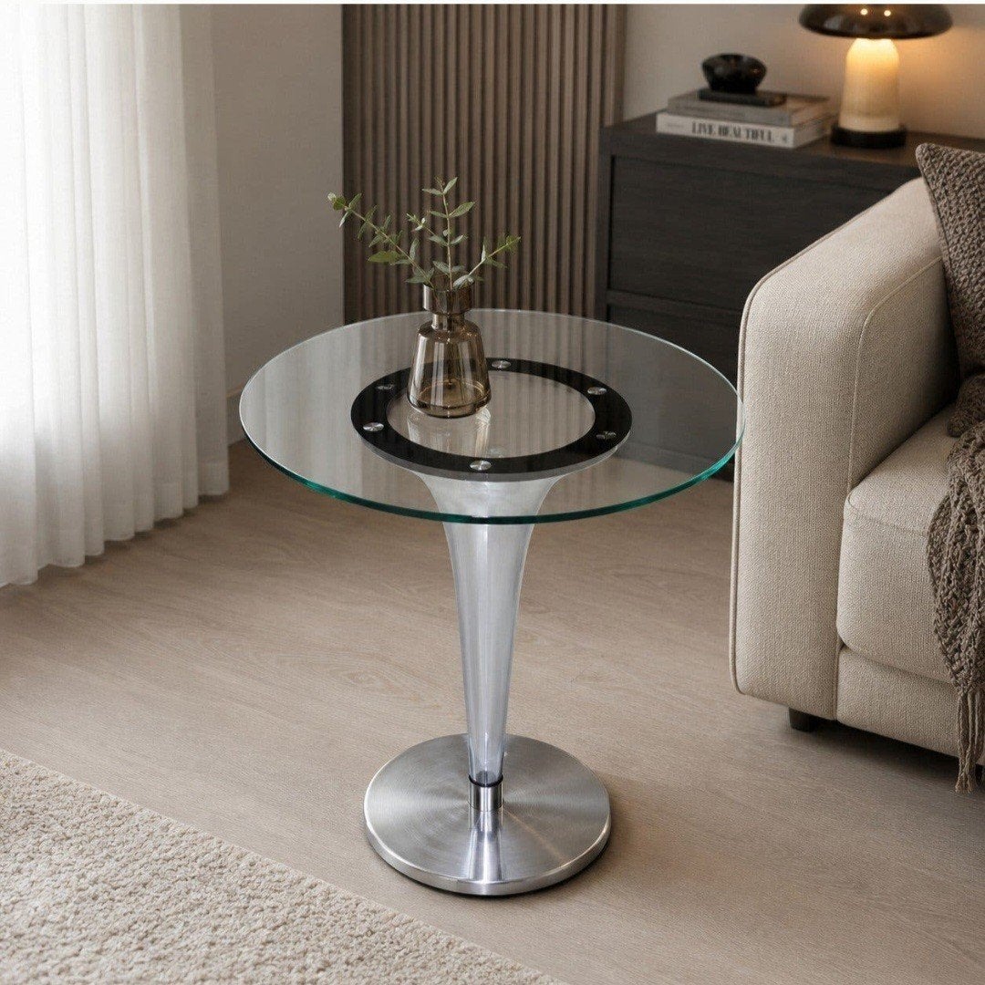 Montel bijzettafel met glazen blad en metalen voet, Ophalen, Gebruikt, Rond, 55 tot 75 cm