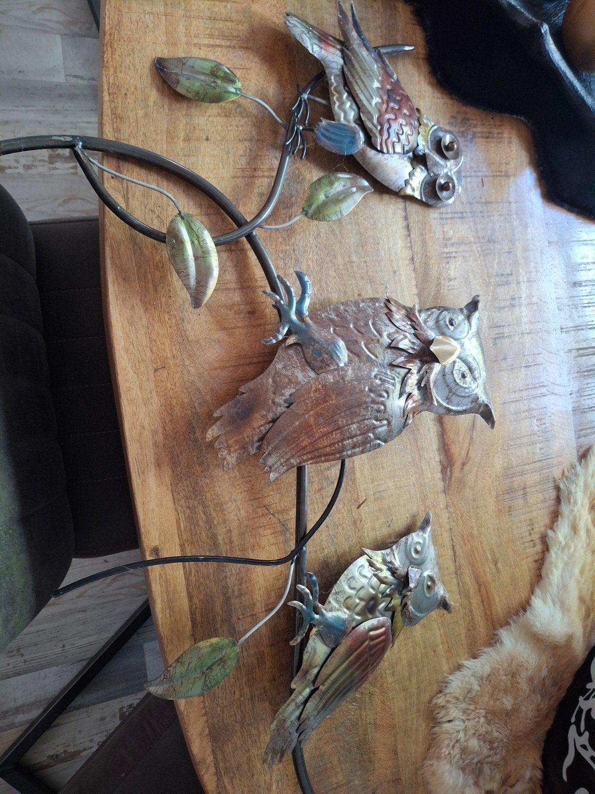 Metalen wanddecoratie uilen op tak, Gebruikt, Meerkleurig, Ophalen of Verzenden, Landelijk