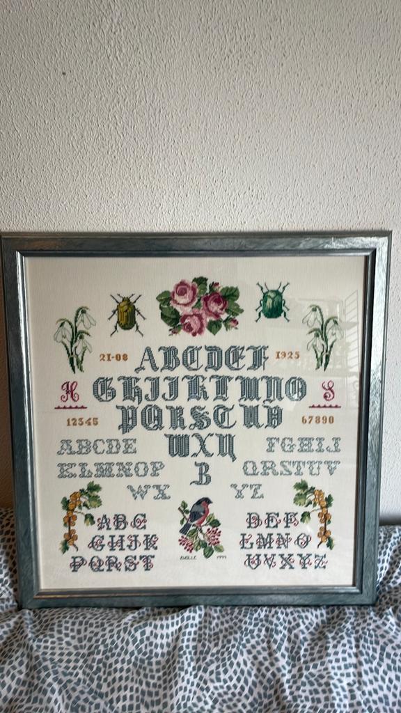 Geborduurd Alfabet en Cijfers met Bloemen en Insecten, Gebruikt, 50 tot 75 cm, Ophalen of Verzenden, Schilderij