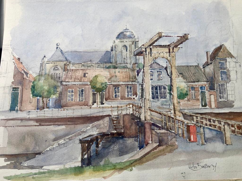 Aquarel van Victor Bouter '94, brug en gebouwen, Antiek en Kunst, Kunst | Schilderijen | Klassiek, Ophalen of Verzenden