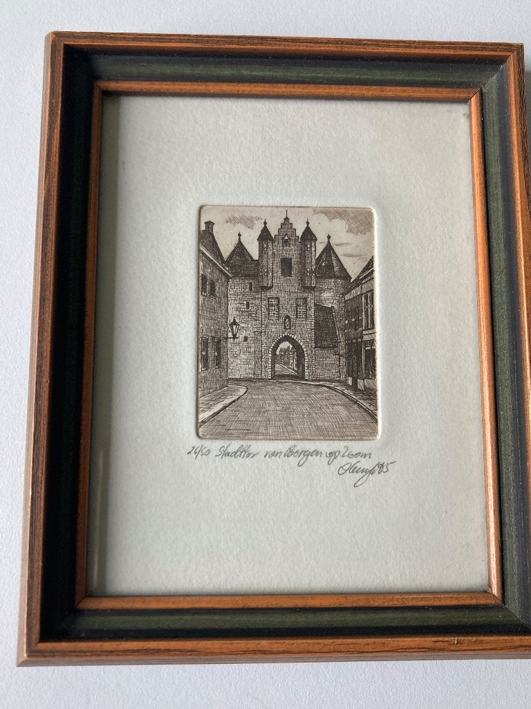 Ets Gevangen Poort in Bergen op Zoom, Ophalen of Verzenden, Architectuur, Ets, Ingelijst