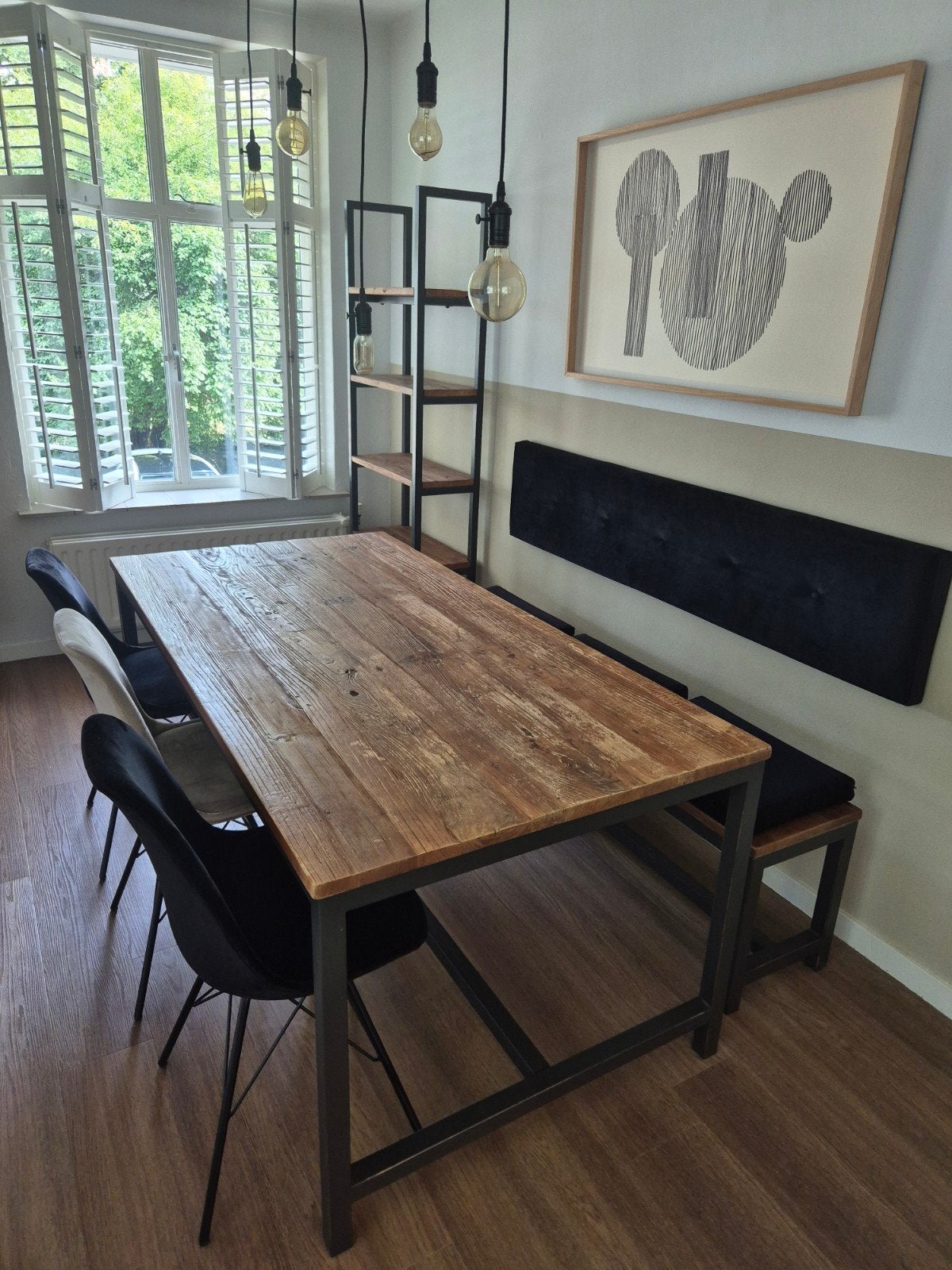 Complete eetkamerset; tafel met bank, stoelen en wandrek, Ophalen, Zo goed als nieuw, Industrieel, 4 tot 6 stoelen