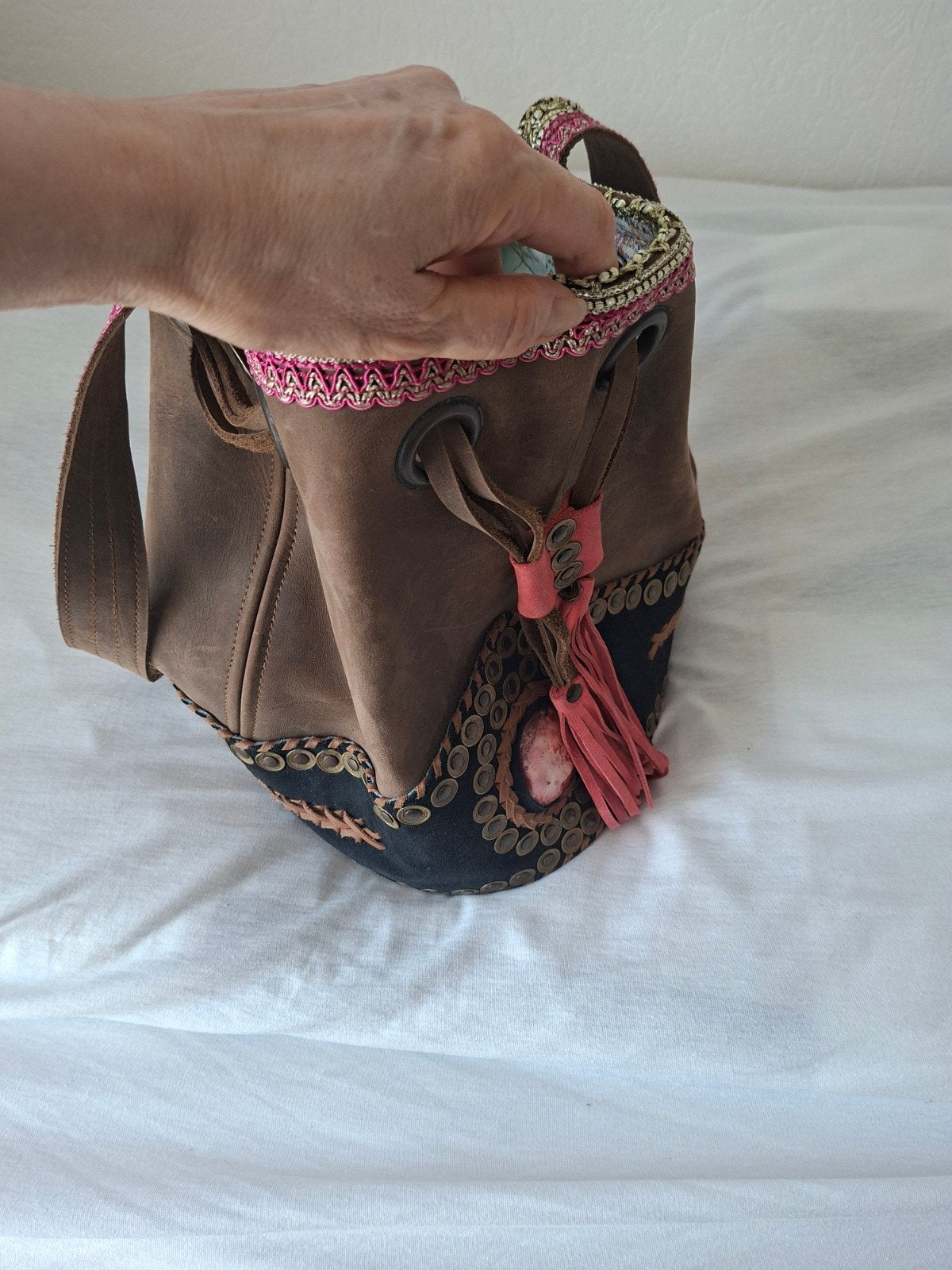 Mooie leren tas, Ibiza style. Zgan., Ophalen of Verzenden, Zo goed als nieuw, Dame, Zilver