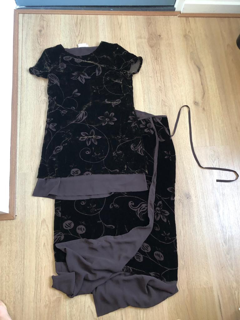 Part two bruin fluweel velvet pak setje rok top s met zijde, Bruin, Ophalen of Verzenden, Zo goed als nieuw, X