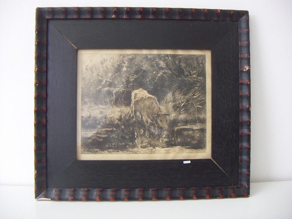 C.L. Dake 1857-1918. Ets drinkende witte koe. Zomerweelde., Antiek en Kunst, Ingelijst, 1800 - 1899, Ets, Ophalen of Verzenden