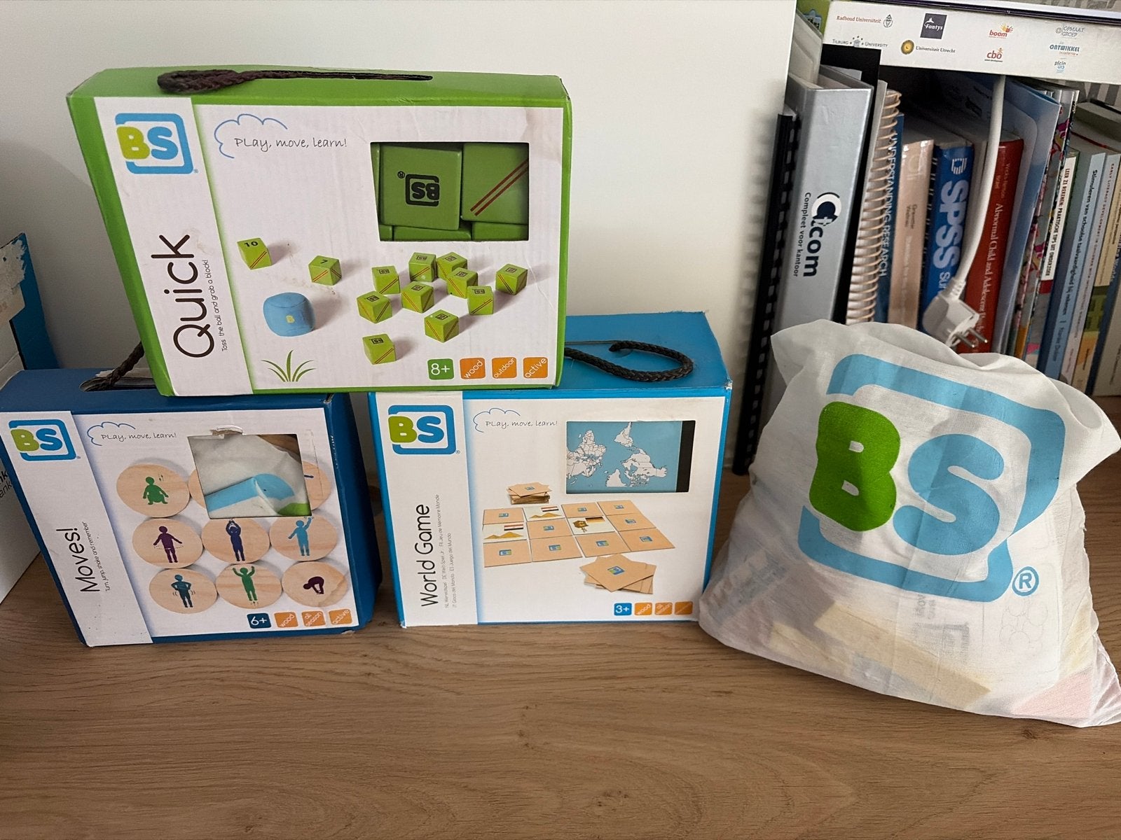 4 houten spellen van BS toys voor bewegend leren, Ophalen of Verzenden, Zo goed als nieuw, Bouwen