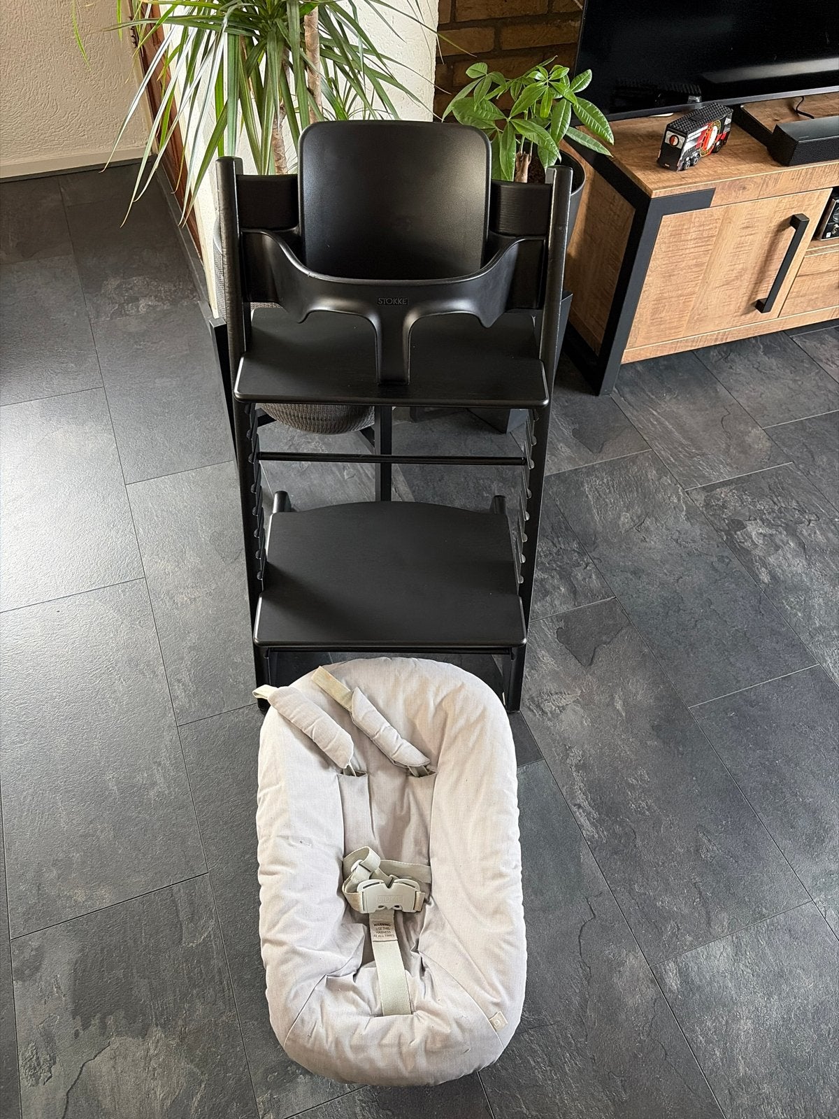 Stokke Tripp Trapp zwart met  babyset en newborn, Ophalen, Gebruikt, Meegroeistoel, Aanschuifbaar