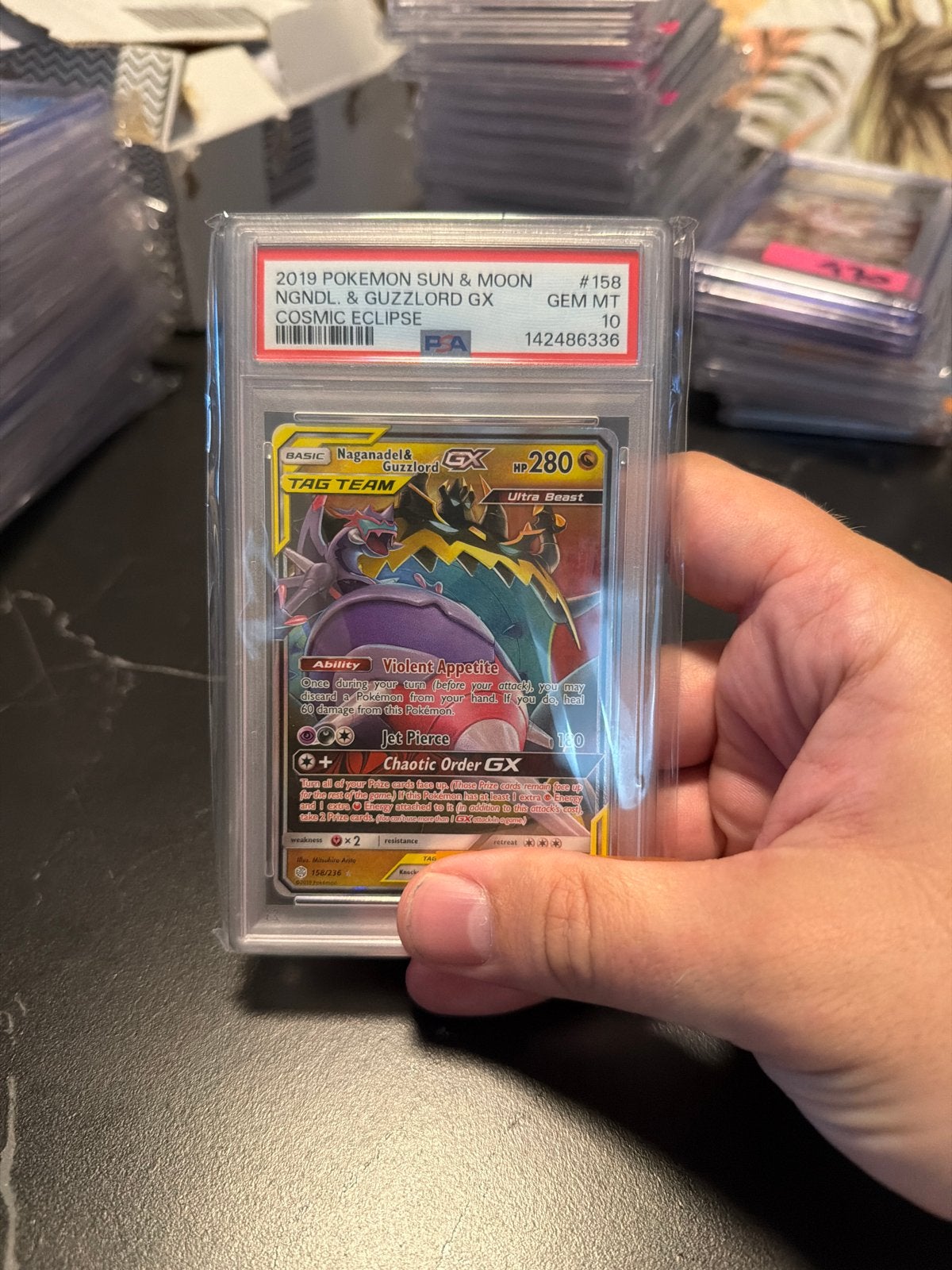 Naganadel & Guzzlord GX PSA 10 Cosmic Eclipse Pokémon Kaart, Ophalen of Verzenden, Nieuw, Losse kaart