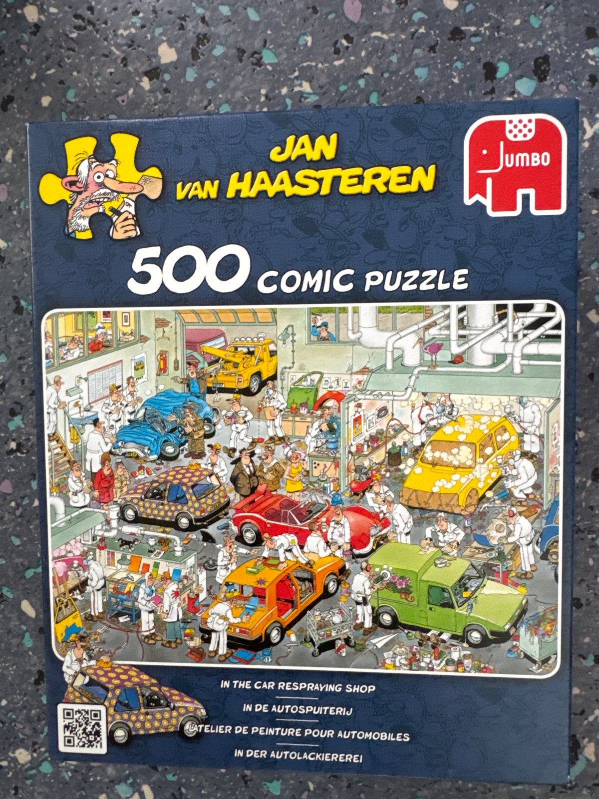 Jan van Haasteren Comic Puzzel - In de Autospuiterij, Ophalen of Verzenden, Minder dan 500 stukjes, Zo goed als nieuw, Legpuzzel