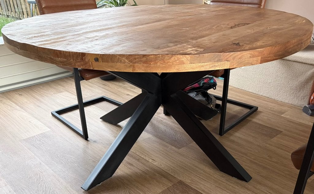Ronde tafel - mango hout, Gebruikt, 150 tot 200 cm, Rond, Vijf personen of meer