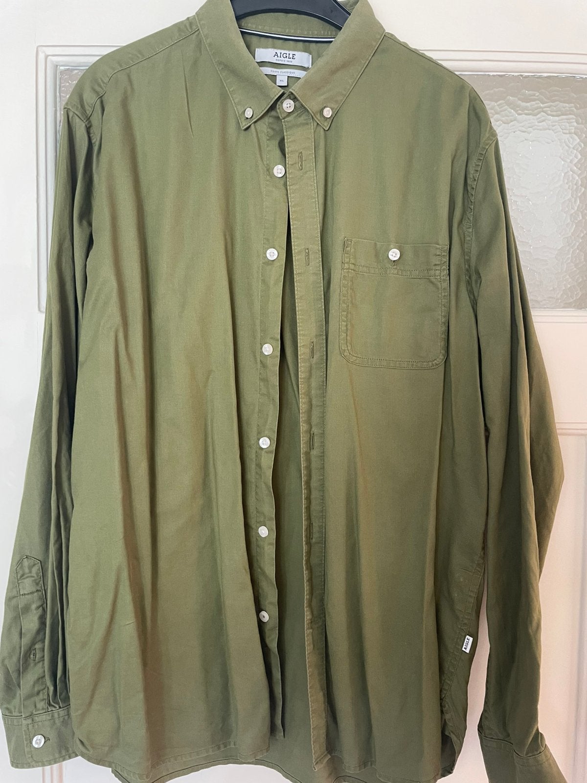 Overhemd mt 43 , Aigle, olijfgroen, Ophalen of Verzenden, Zo goed als nieuw, Overige kleuren, Halswijdte 43/44 (XL)
