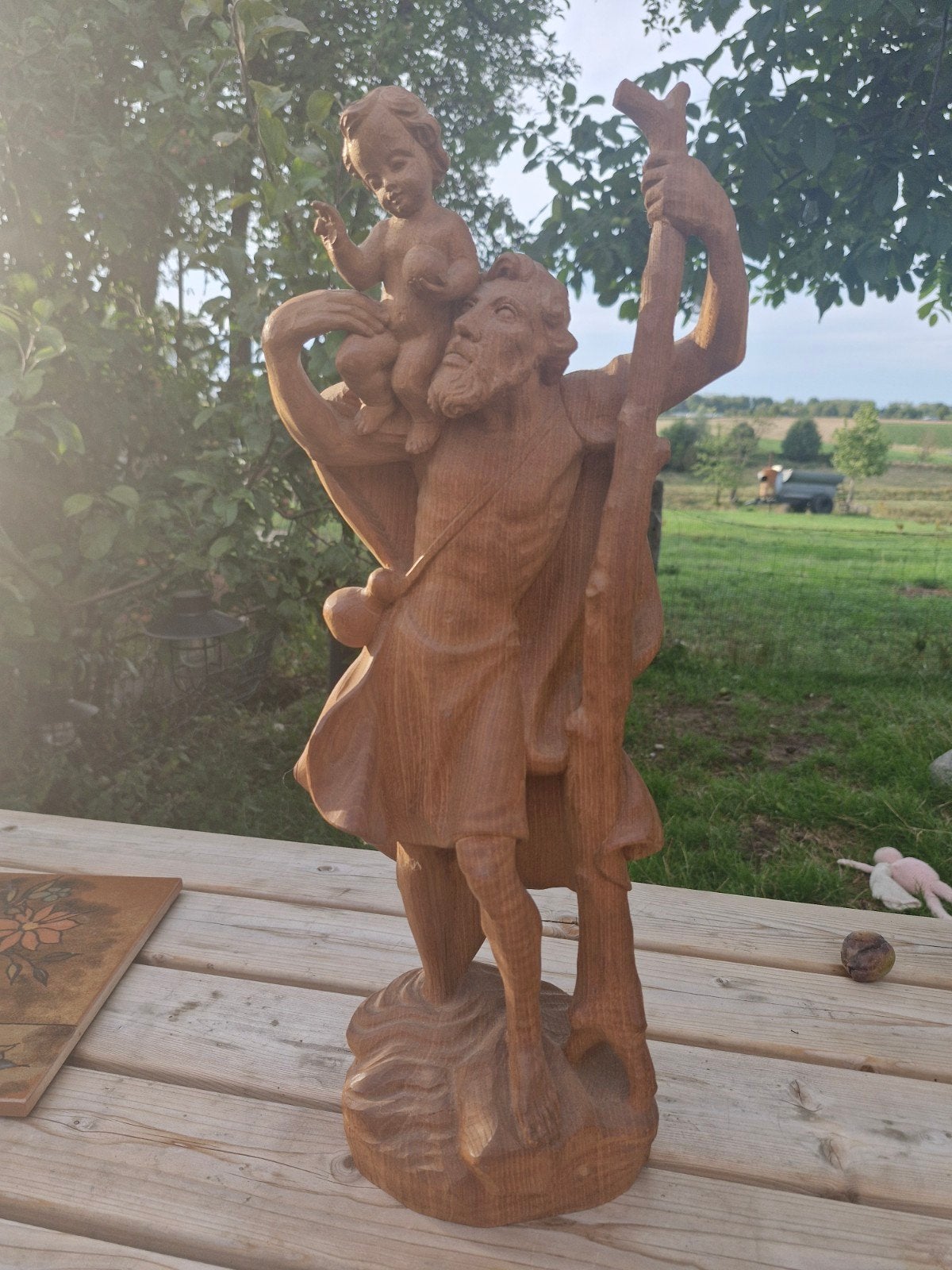 53 cm Houtsnijwerk: Sint Christoffel met Kind, Ophalen of Verzenden