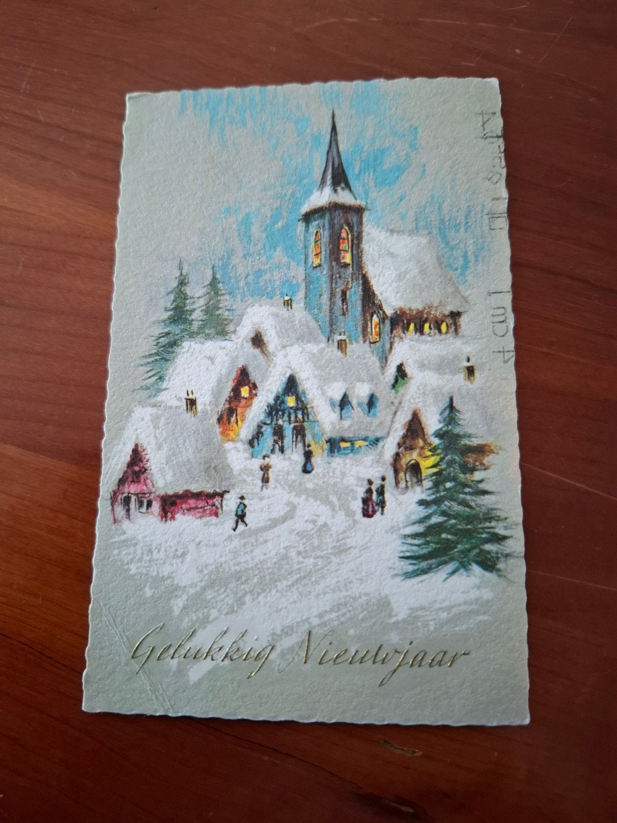 Oude kerstkaart: Dorp en kerk in de sneeuw, jaren '50, Ophalen of Verzenden, 1940 tot 1960, Gelopen, Feest(dag)