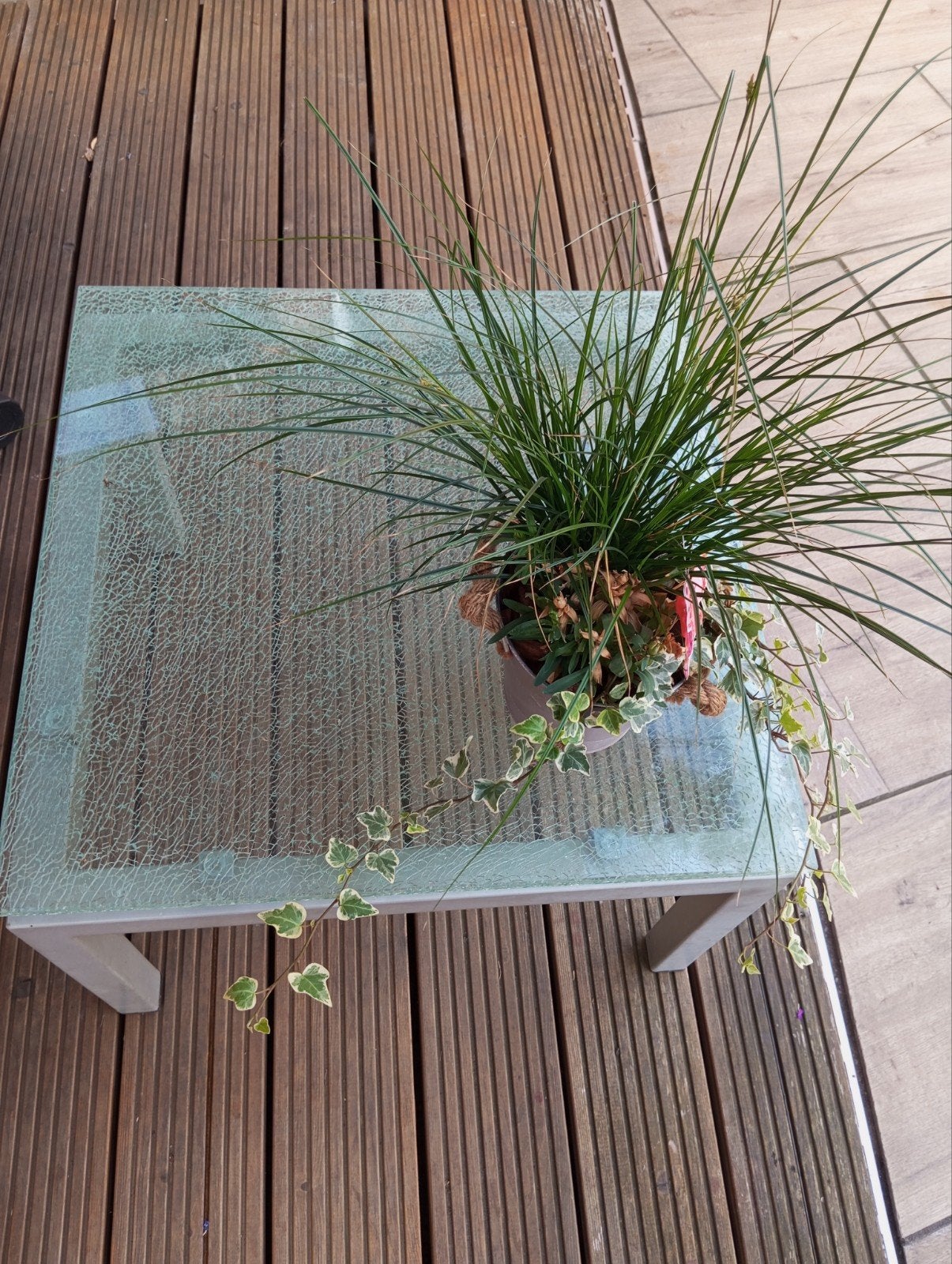 Crackle glas eettafel en salon tafel met metalen onderstel, Ophalen, Gebruikt, 50 tot 100 cm, Glas