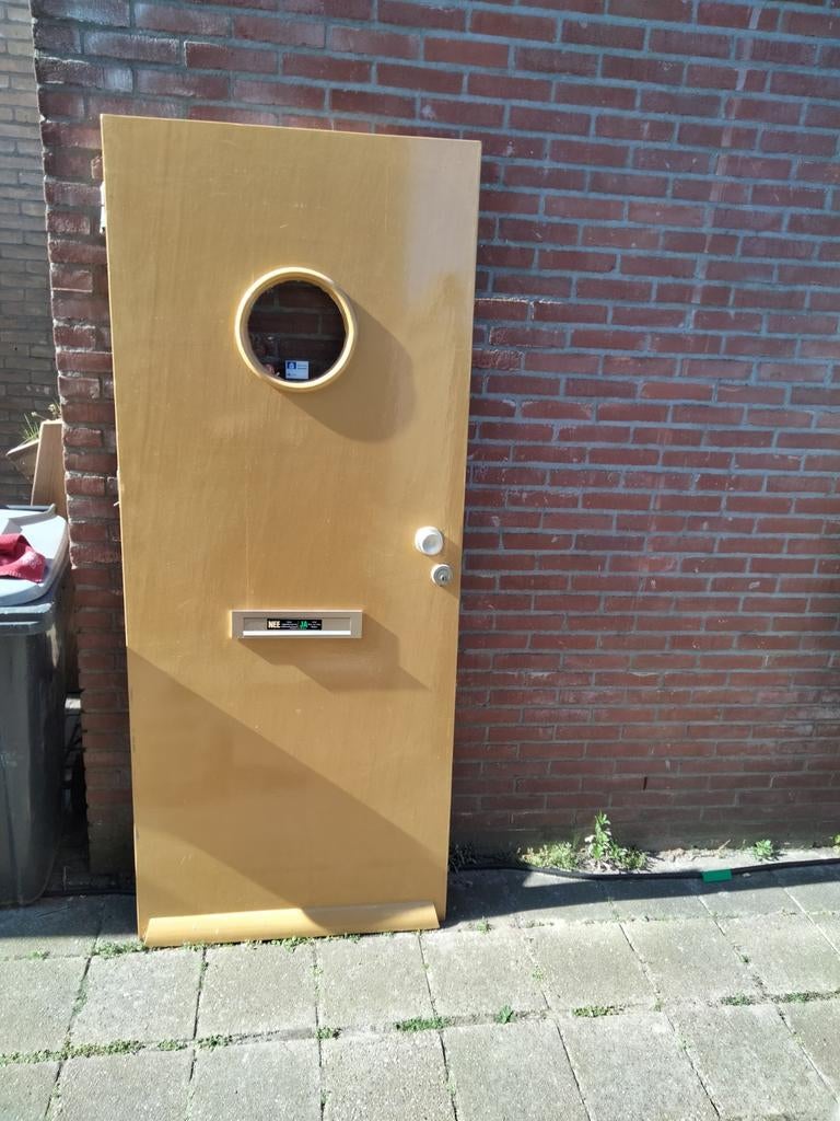 Massieve voordeur 87.5x211cm met rond ruitje, Ophalen, 80 tot 100 cm, 200 tot 215 cm, Glas