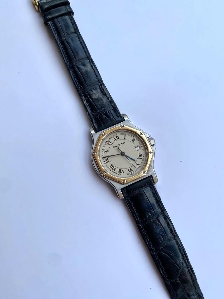 Cartier Santos Octagon 187902 12 maanden garantie!, Overige merken, Leer, Staal, Polshorloge