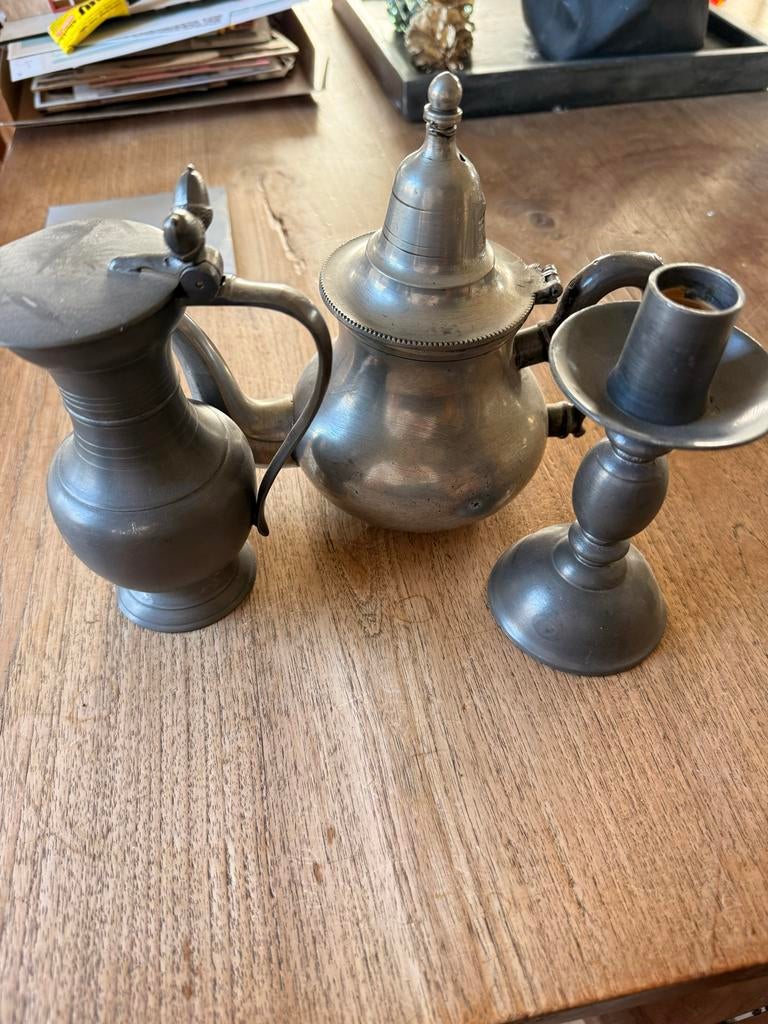 Tinnen koffie en theekan, kandelaar, Antiek en Kunst, Antiek | Tin, Ophalen of Verzenden