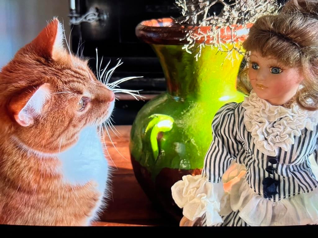 vintage Pop met muziek en bewegend hoofdje, Verzamelen, Poppen, Ophalen of Verzenden, Gebruikt, Pop