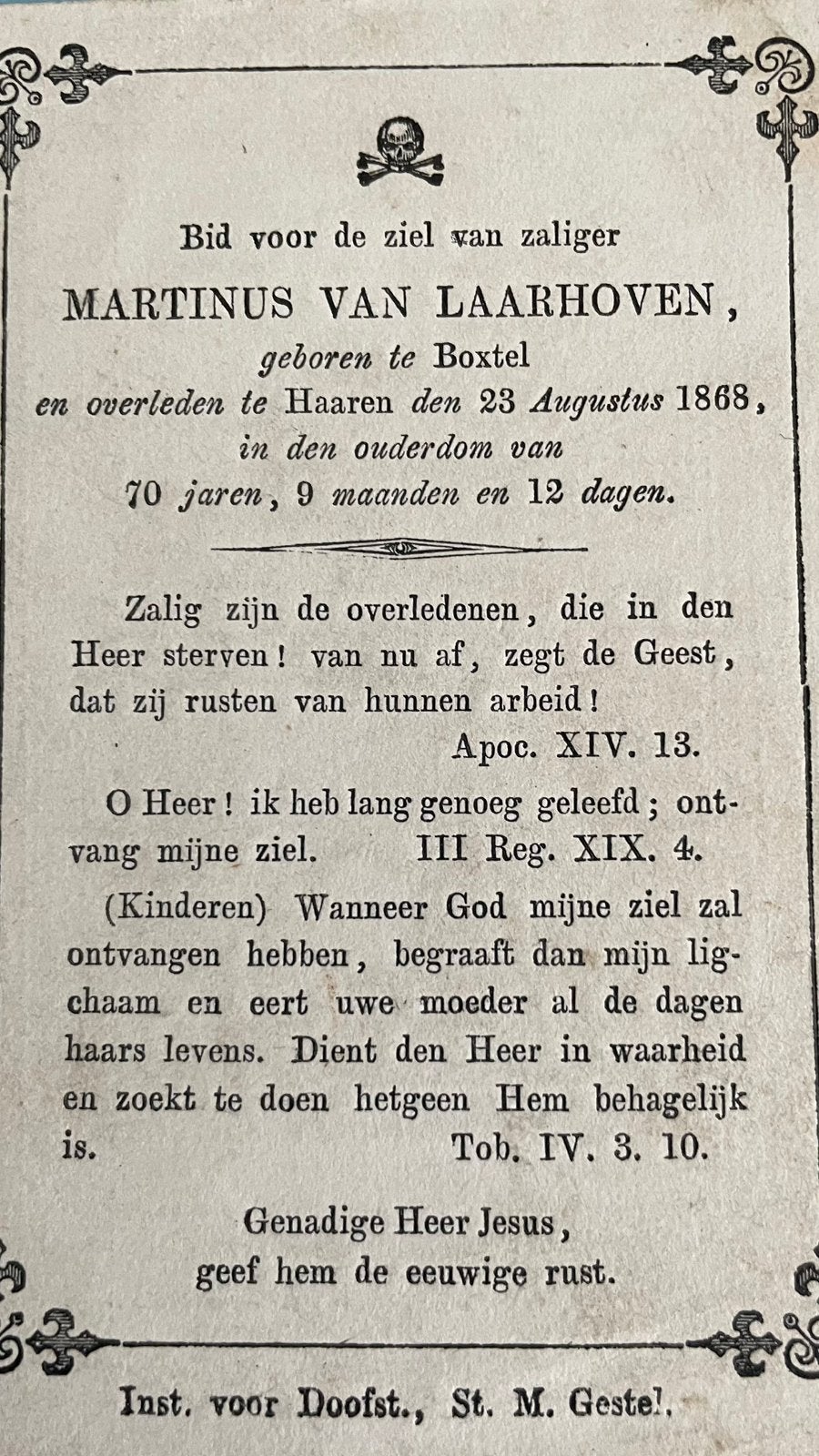 Martinus van Laarhoven 1868 Overleden Haaren ., Ophalen of Verzenden