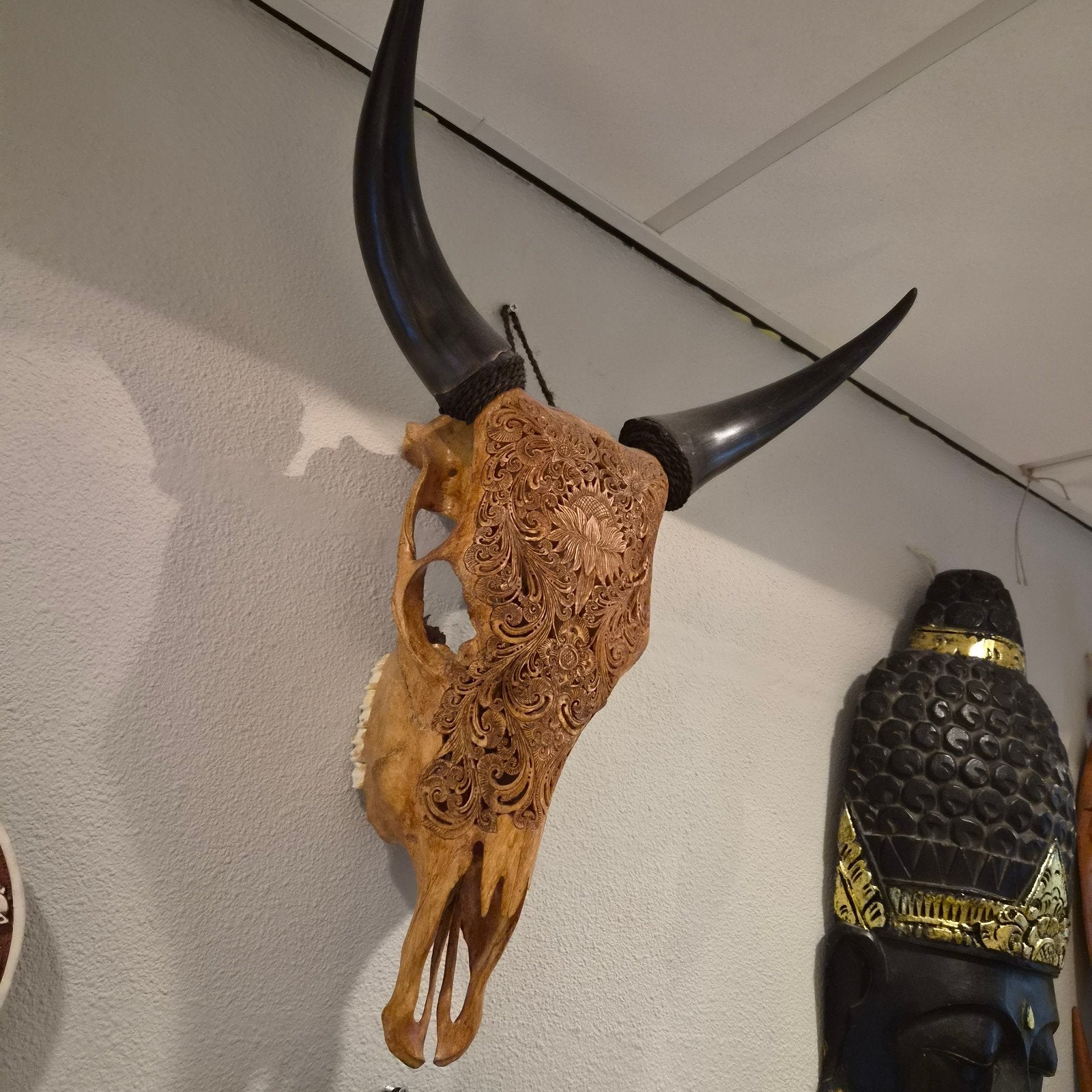 Handgesneden buffelschedel - Wanddecoratie, Overige onderwerpen, Natuurlijk materiaal, Handgemaakt, Wanddecoratie