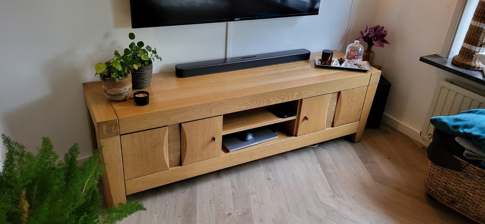 Massief licht eiken tv-kastje - 180x45x55 cm, Huis en Inrichting, Ophalen, Gebruikt, 150 tot 200 cm, Eikenhout